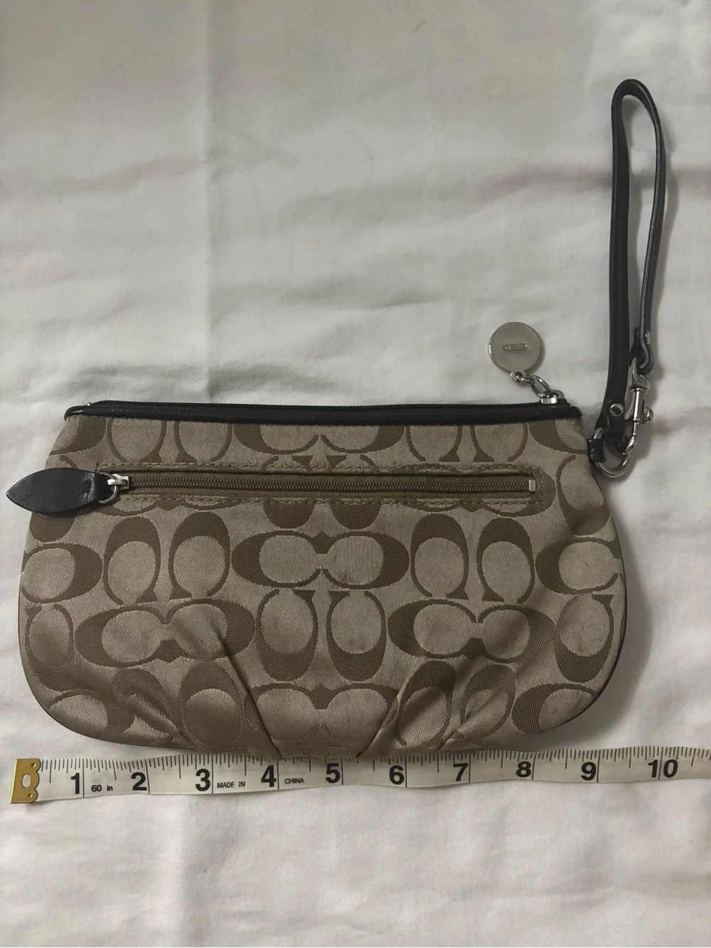 Coach Signature Logo Wristlet in Beige and Dark Brown